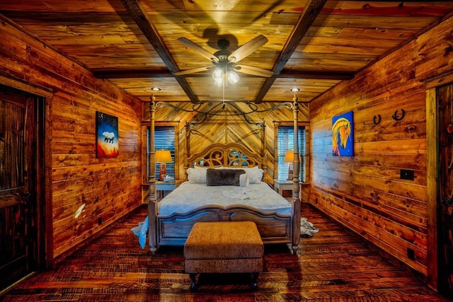 bedroom featuring dark wood-style floors, wooden ceiling, beam ceiling, and wooden walls