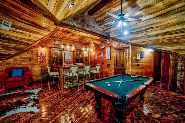 game room with pool table, visible vents, wood ceiling, vaulted ceiling, and a bar