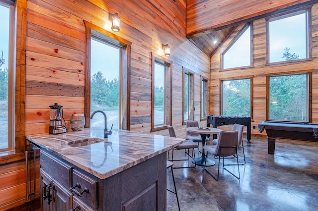 interior space featuring high vaulted ceiling, a kitchen island with sink, dark brown cabinetry, wood walls, and a sink