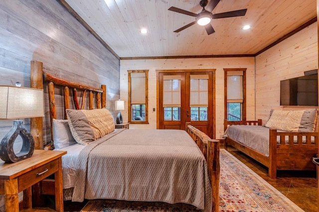 bedroom with french doors, wood walls, wooden ceiling, and recessed lighting