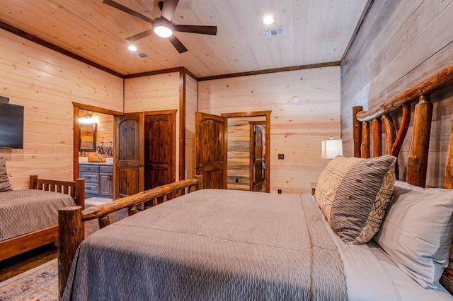 bedroom with wooden ceiling, recessed lighting, and wood walls