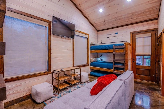 bedroom featuring wooden ceiling, wood walls, vaulted ceiling, and recessed lighting