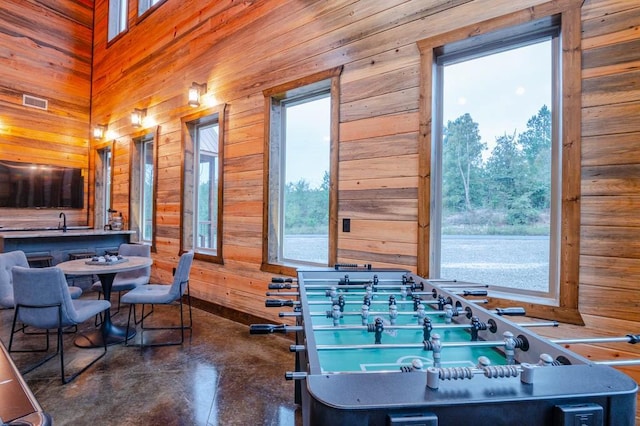 1080 N Lukfata Trail Rd, Broken Bow, OK 74728 - playroom featuring wood walls, plenty of natural light, finished concrete floors, and a sink
