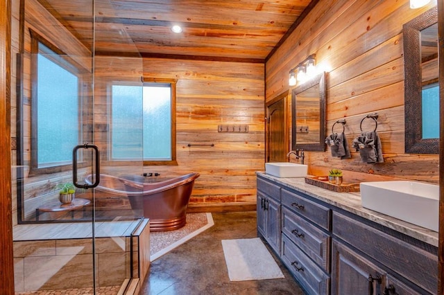 1080 N Lukfata Trail Rd, Broken Bow, OK 74728 - full bath featuring wood ceiling, wood walls, double vanity, a soaking tub, and a shower stall