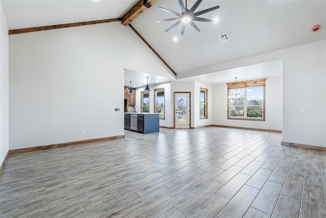 unfurnished living room featuring light wood-type flooring, high vaulted ceiling, visible vents, and beamed ceiling