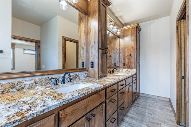 bathroom with double vanity, a sink, and wood finished floors