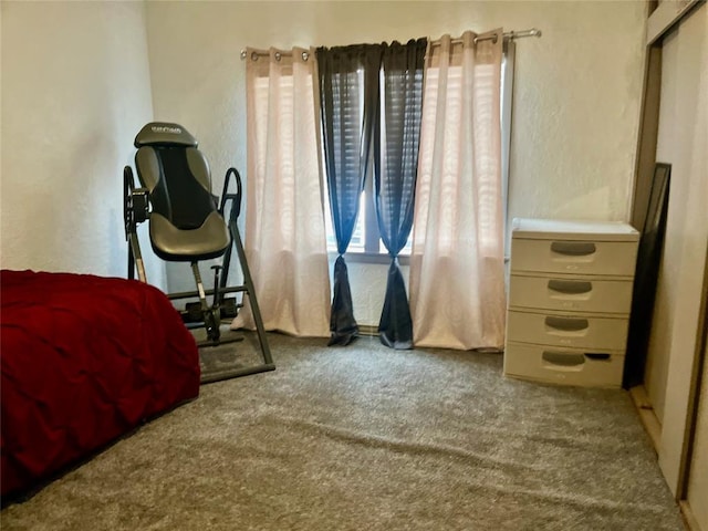 carpeted bedroom featuring a textured wall