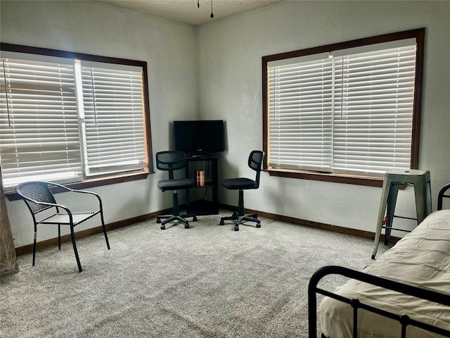 office featuring baseboards and light colored carpet