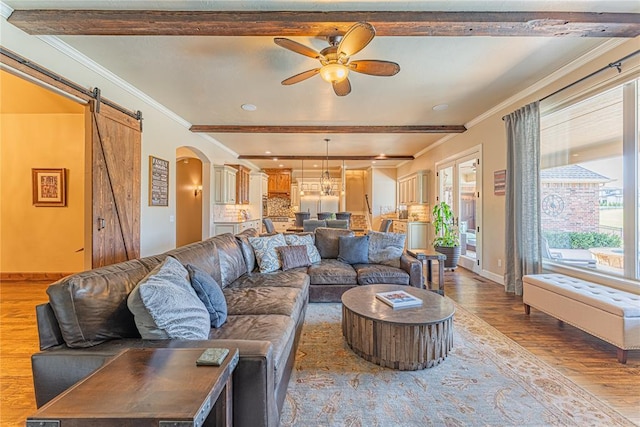 living area featuring ceiling fan, arched walkways, wood finished floors, baseboards, and ornamental molding