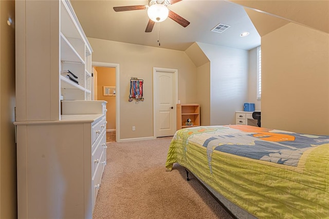 bedroom with light colored carpet, baseboards, visible vents, and a ceiling fan