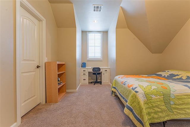 bedroom with baseboards, light carpet, lofted ceiling, and visible vents