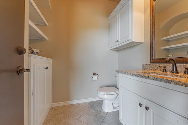 bathroom with tile patterned flooring, baseboards, toilet, and vanity
