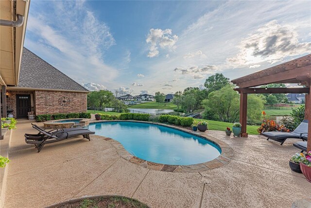 outdoor pool featuring a patio, an in ground hot tub, and a pergola