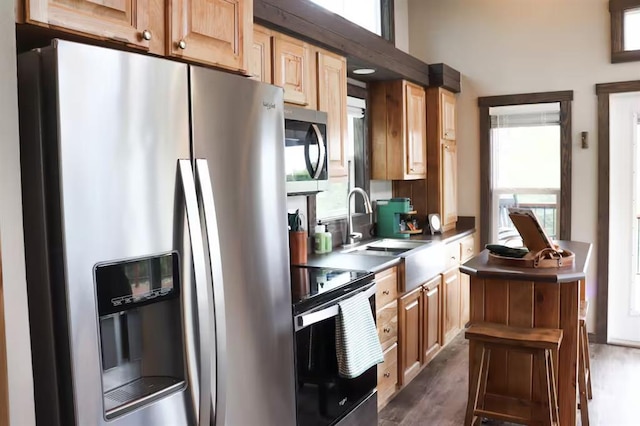 161720 N 4335th Rd, Clayton, OK 74536 - kitchen featuring a breakfast bar, dark wood-style flooring, stainless steel appliances, and a sink