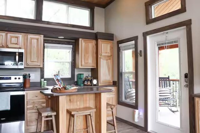 161720 N 4335th Rd, Clayton, OK 74536 - kitchen with a breakfast bar, dark countertops, appliances with stainless steel finishes, light brown cabinets, and baseboards