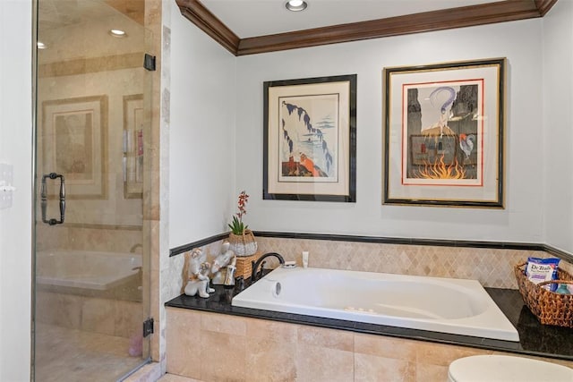 full bathroom with crown molding, a garden tub, recessed lighting, and a stall shower