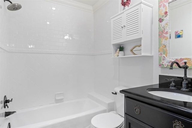 bathroom with vanity, crown molding, toilet, and bathtub / shower combination