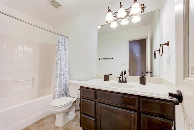 bathroom featuring tile patterned flooring, toilet, shower / tub combo, vanity, and visible vents