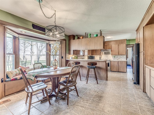 1802 N 15th St, Perry, OK 73077 - dining space with a textured ceiling, a chandelier, and light stone finish flooring