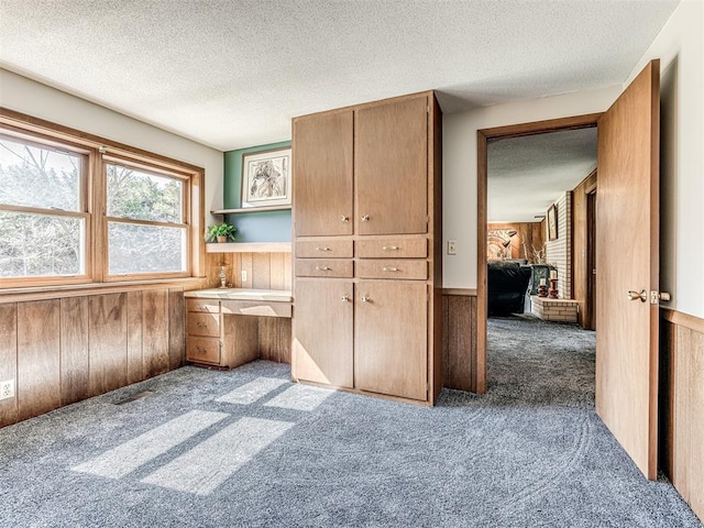 1802 N 15th St, Perry, OK 73077 - unfurnished bedroom featuring carpet floors, built in desk, a textured ceiling, a wainscoted wall, and wooden walls