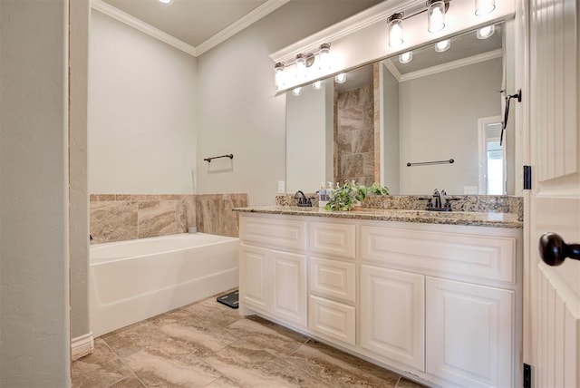 bathroom featuring a sink, double vanity, ornamental molding, and a bath
