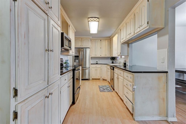 kitchen with dark countertops, light wood finished floors, and appliances with stainless steel finishes