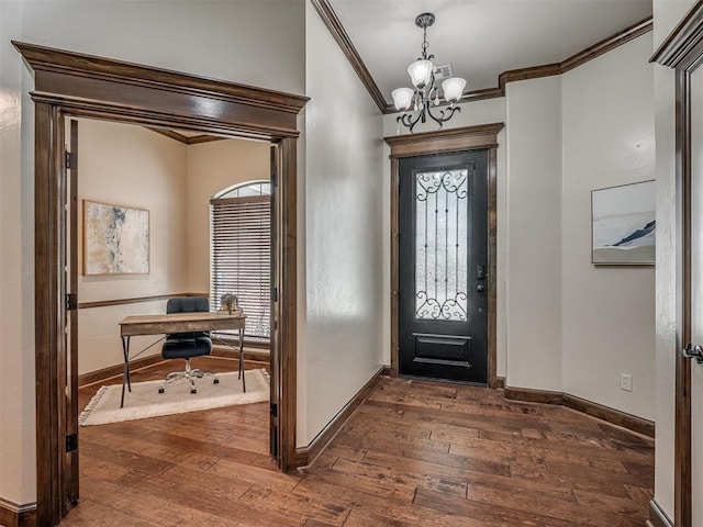 8275 Elk Grv, Blanchard, OK 73010 - entryway featuring ornamental molding, dark wood-type flooring, and a chandelier