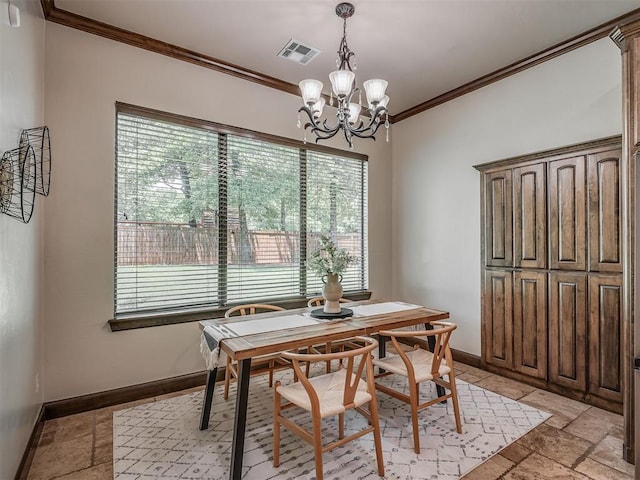8275 Elk Grv, Blanchard, OK 73010 - dining space with crown molding, a chandelier, and stone tile floors