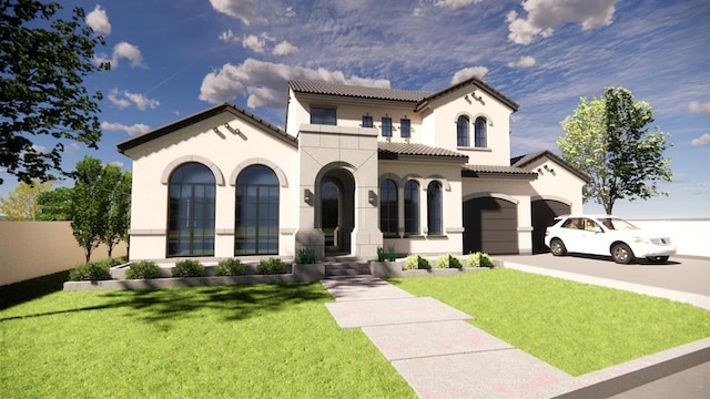 mediterranean / spanish house featuring a garage, driveway, a tiled roof, stucco siding, and a front yard