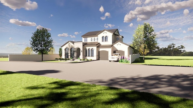 view of front of home featuring stucco siding, concrete driveway, a front yard, fence, and a garage