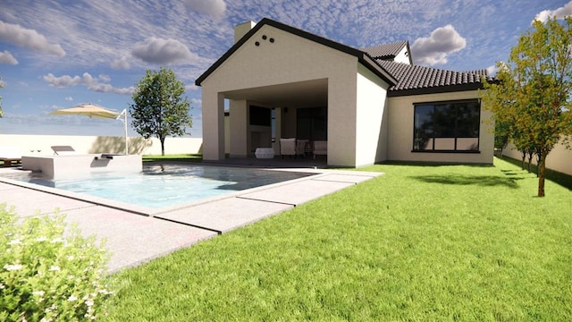 rear view of property featuring a patio, a tile roof, a lawn, a fenced in pool, and stucco siding