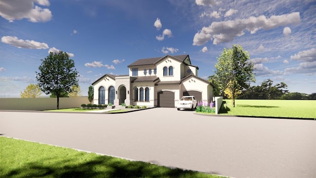 view of front of home with concrete driveway, a front lawn, an attached garage, and a tiled roof