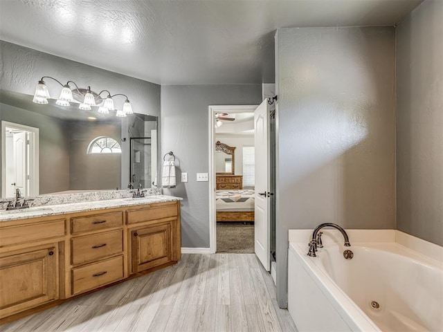 bathroom featuring ensuite bathroom, wood finished floors, a sink, a bath, and double vanity