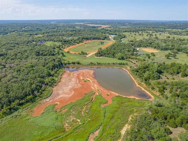 birds eye view of property featuring a water view and a wooded view