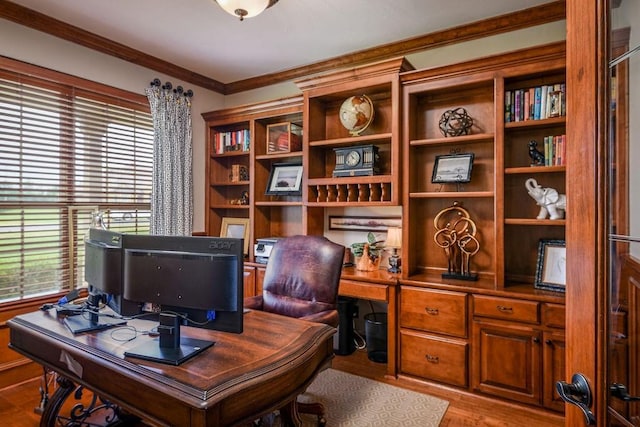 home office with wood finished floors, a healthy amount of sunlight, and ornamental molding