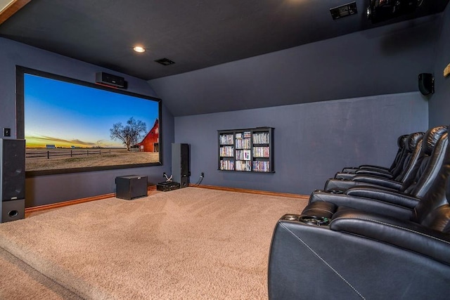 cinema room featuring visible vents, baseboards, vaulted ceiling, carpet flooring, and recessed lighting