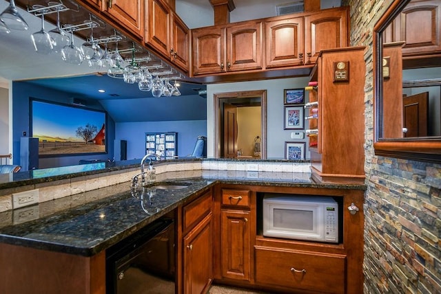 bar with wine cooler, white microwave, visible vents, and a sink