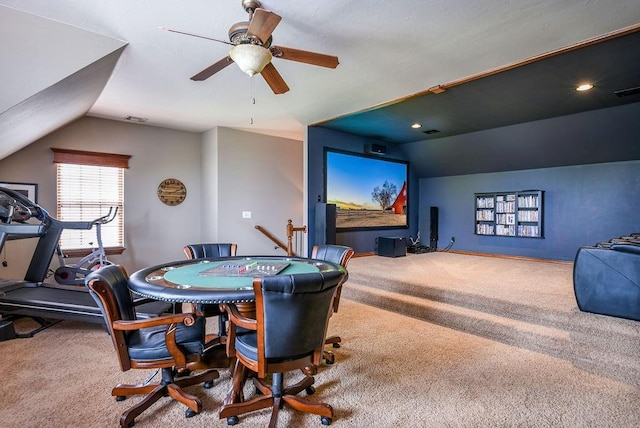 game room with vaulted ceiling, carpet flooring, and visible vents