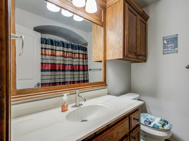 full bathroom featuring toilet, vanity, and a shower with curtain