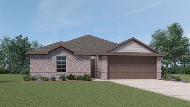 view of front of home featuring a garage, driveway, a shingled roof, a front lawn, and brick siding