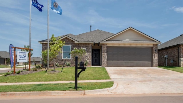 ranch-style home with driveway, roof with shingles, an attached garage, a front lawn, and brick siding