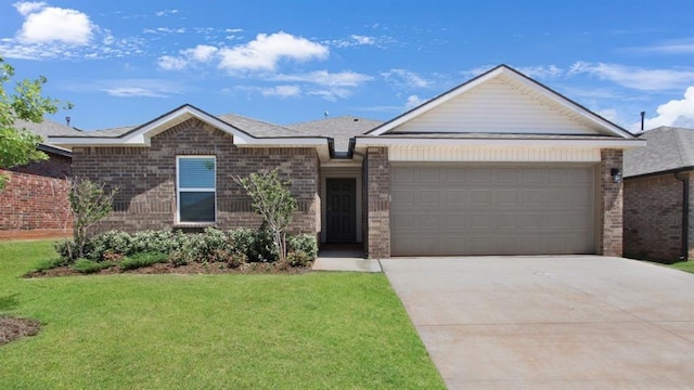 single story home featuring concrete driveway, brick siding, a front lawn, and an attached garage