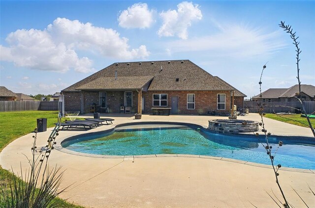 7201 SW 122nd St, Oklahoma City, OK 73173 - view of pool with a patio, a fenced backyard, a pool with connected hot tub, and a lawn
