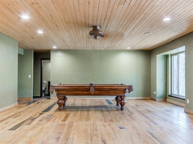 game room with recessed lighting, hardwood / wood-style floors, wooden ceiling, and pool table