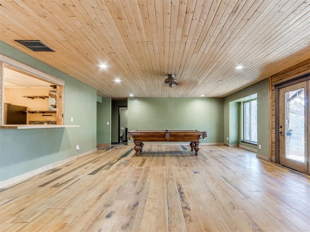 game room featuring wooden ceiling, recessed lighting, hardwood / wood-style flooring, billiards, and baseboards