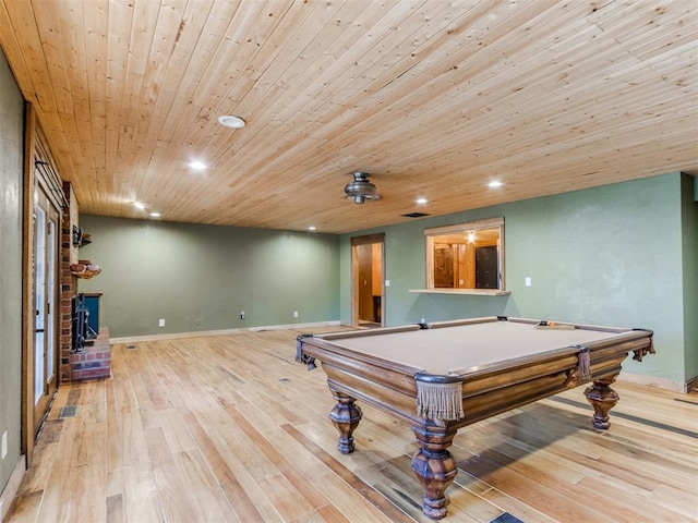recreation room with recessed lighting, hardwood / wood-style floors, wood ceiling, billiards table, and baseboards