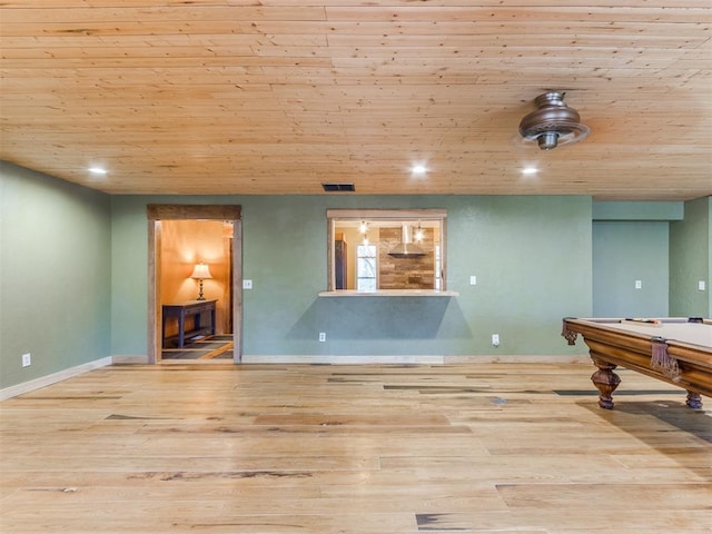 game room featuring wood ceiling, wood finished floors, recessed lighting, billiards table, and baseboards
