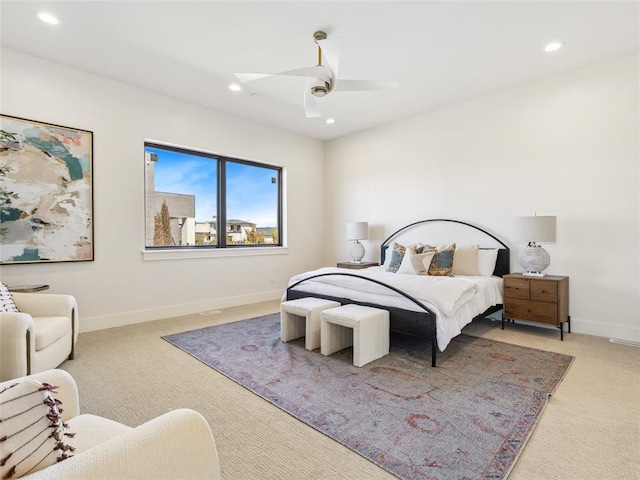 bedroom featuring baseboards, carpet, a ceiling fan, and recessed lighting