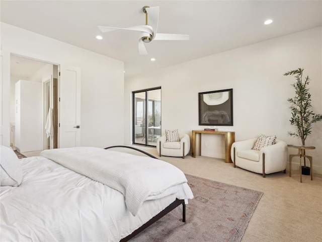 bedroom featuring access to exterior, recessed lighting, a ceiling fan, and light colored carpet