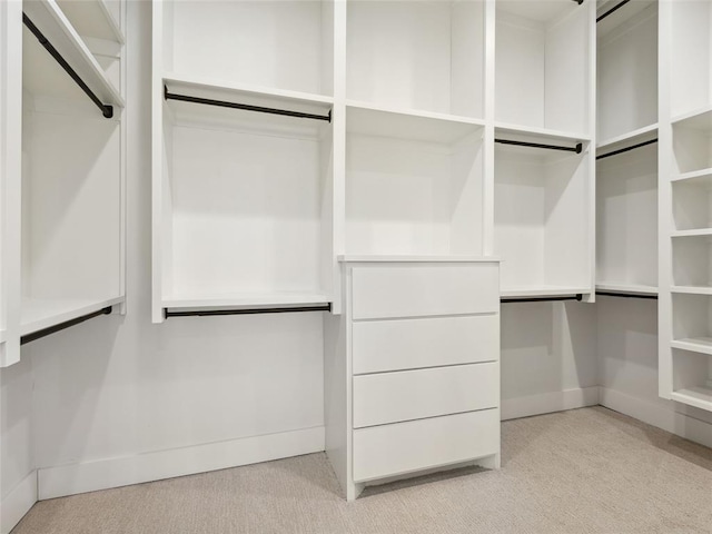 walk in closet with light carpet